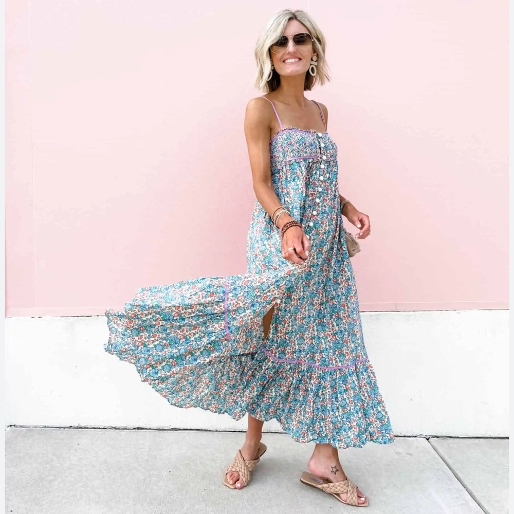 Free People Floral Midi Dress in Teal and Coral Accents